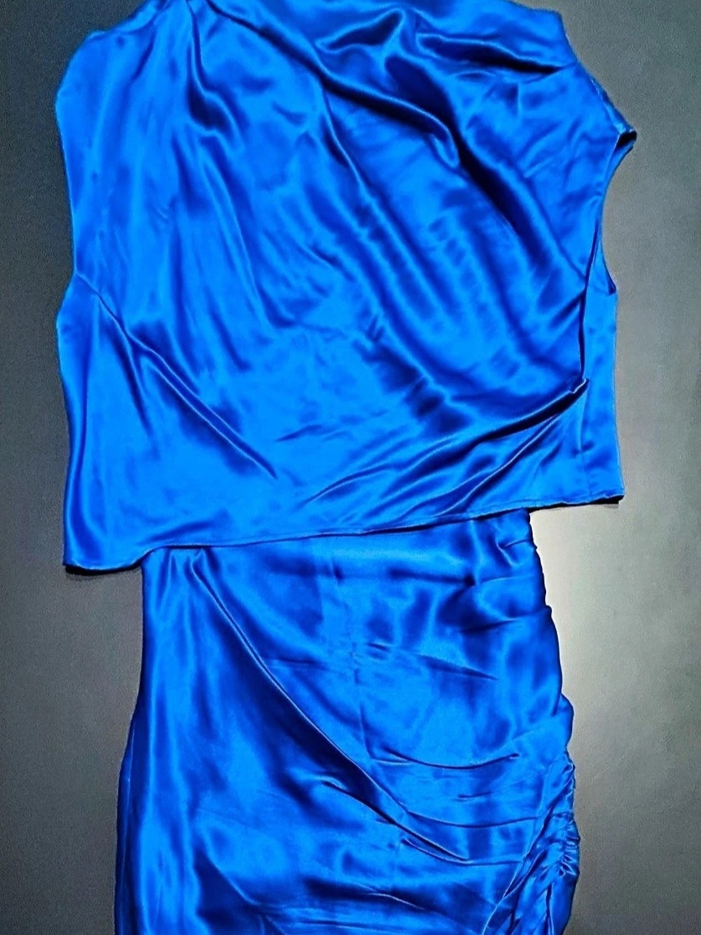 The Sei Silk One-Shoulder Draped Top and Ruched Mini Skirt Set in beautiful blue